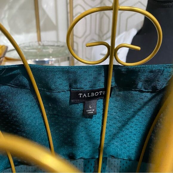 Satin teal green small dot jacquard Talbots blouse Size L - Picture 3 of 4